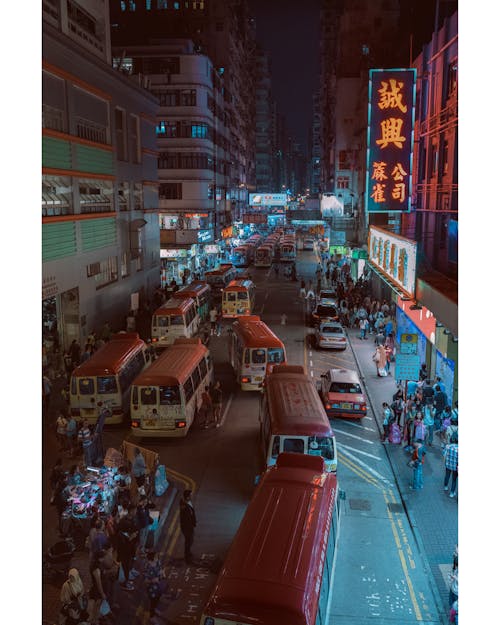 Free Aerial Photography Of Busy Street With People During Night Time Stock Photo