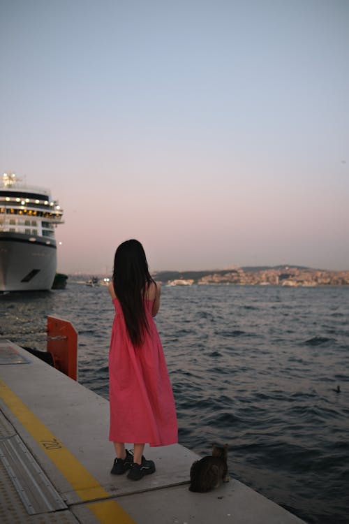 Back View of a Young Woman in a Pink Dress Standing on the Pier in the Evening 
