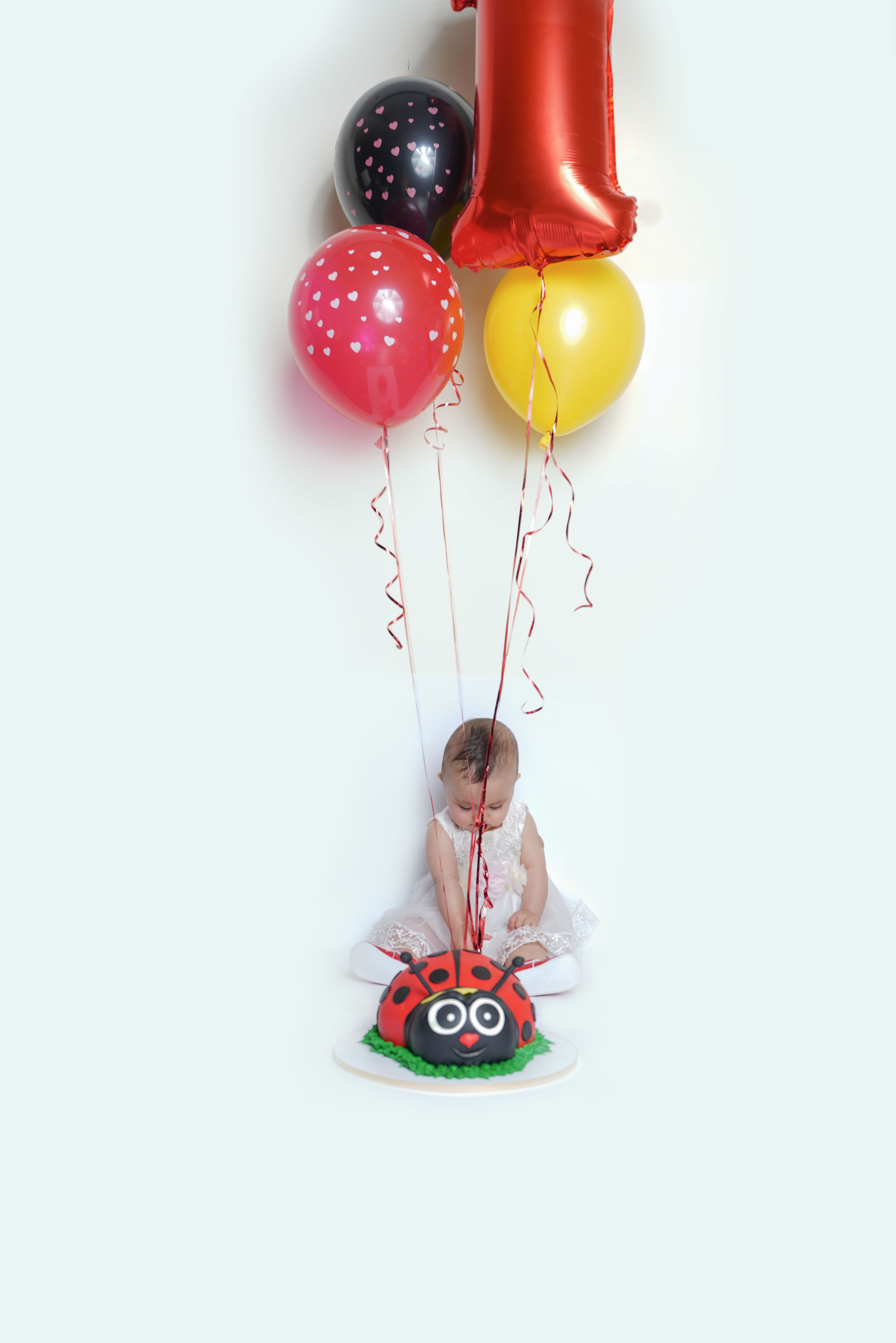 Adorable baby celebrating first birthday with colorful balloons and ladybug cake.