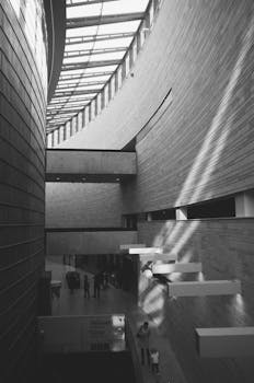 现代建筑的黑白内饰配有弧形墙壁和天窗