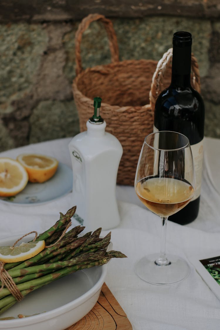 Food Shot Of Asparagus And Wine