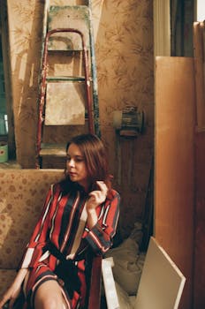 一位时尚女士身穿红色连衣裙，坐在室内的复古梯子旁，散发着别致的气息