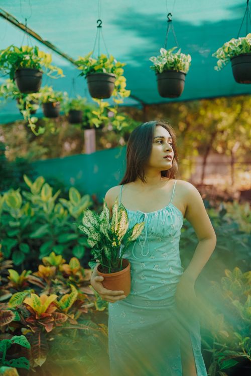 Free Woman in green dress holding a potted plant surrounded by lush greenery outdoors. Stock Photo