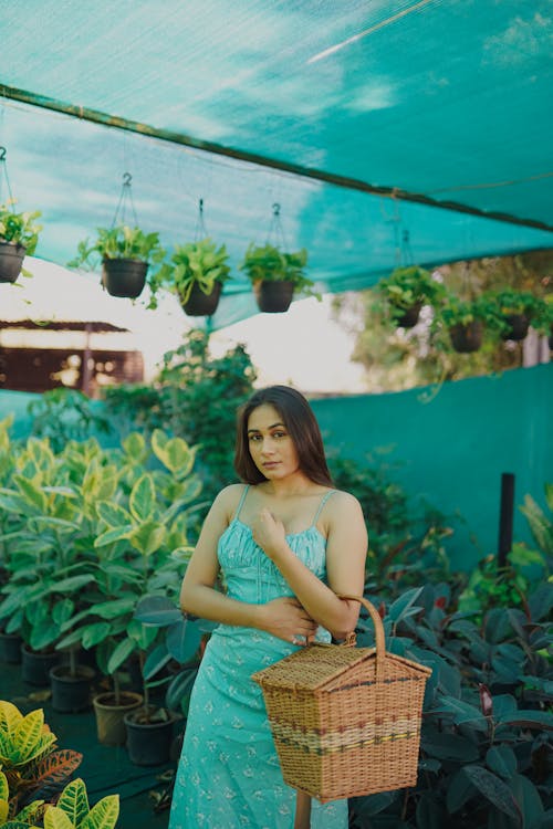 Brunette Woman in Green Dress