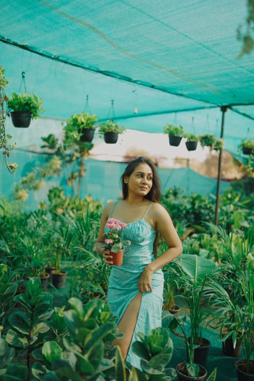 Free Woman in a teal dress holding a plant in a vibrant greenhouse filled with potted plants and hanging pots. Stock Photo
