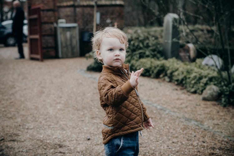 Toddler Wearing Brown Jacket Standing On Driveway