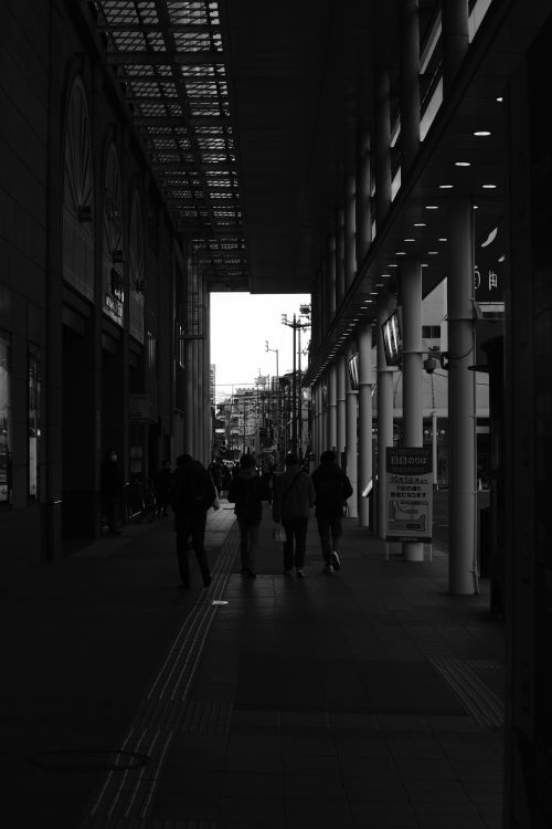 Free Silhouetted pedestrians walk through a modern, column-lined urban passageway in a black and white photograph. Stock Photo
