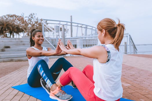 Two women exercising together outdoors, sharing a fun workout session with smiles and motivation.