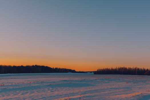 日落时分，白雪覆盖的田野和森林地平线构成了一幅宁静的冬季景观