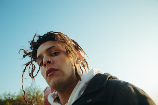 Dynamic low angle portrait of a man with dreadlocks against a clear blue sky.