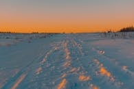 白雪覆盖的田野在充满活力的日落天空下，构成了一幅风景优美的冬季景观