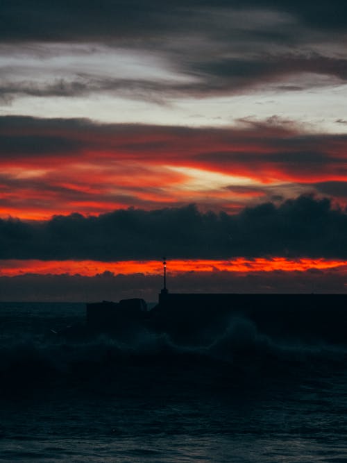 日落期間的海浪