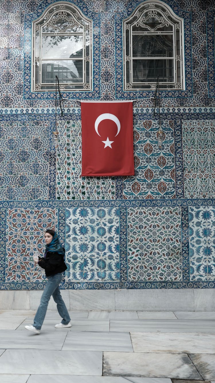 Flag Of Turkey On Wall In Traditional Decorative Patterns