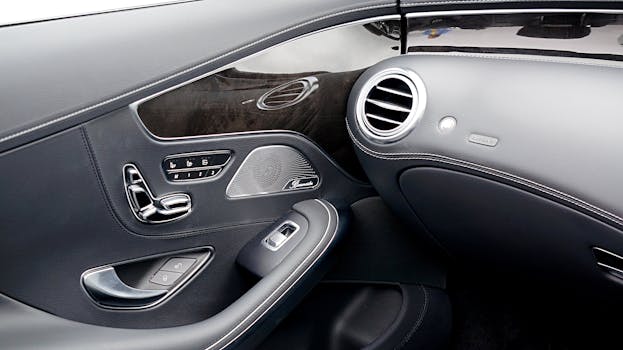 Close-up of a luxury car interior with sleek design and modern controls.