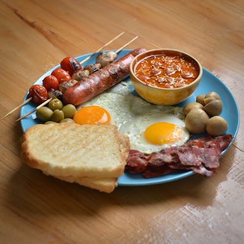 Fried Eggs and Sausages on the Plate 