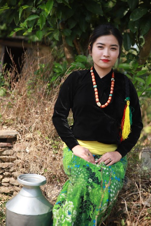 Free Woman in traditional Nepali dress sitting outdoors in Tanahun Deurali, Nepal. Stock Photo
