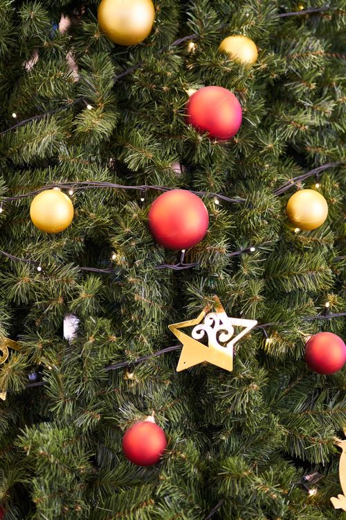 Free Close-up of a Christmas tree with red and gold ornaments. Perfect holiday theme. Stock Photo