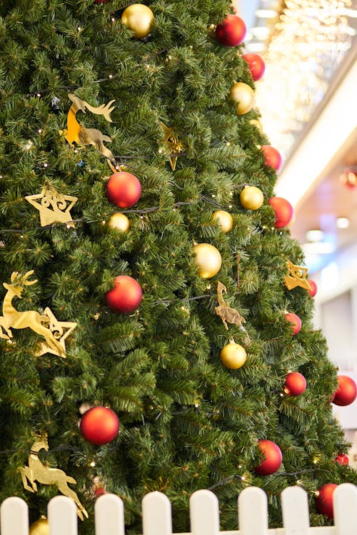 Christmas Tree Decorated with Red and Gold Baubles