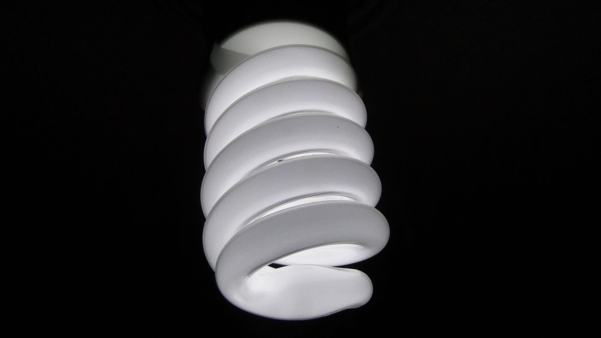 Detailed view of a spiral fluorescent light bulb on a black background.