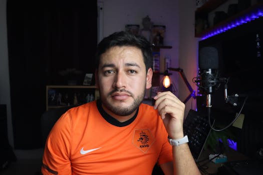 A man in an orange t-shirt sits by a microphone in a cozy indoor room, suggesting a modern workspace.