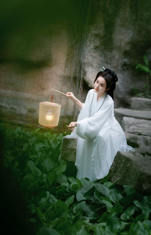 Free Graceful woman in traditional attire holding a lantern outdoors, surrounded by greenery and stone walls. Stock Photo