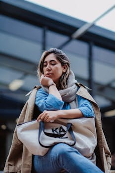 Stylish woman sitting outdoors with a fashionable bag, dressed warmly in a coat and scarf.