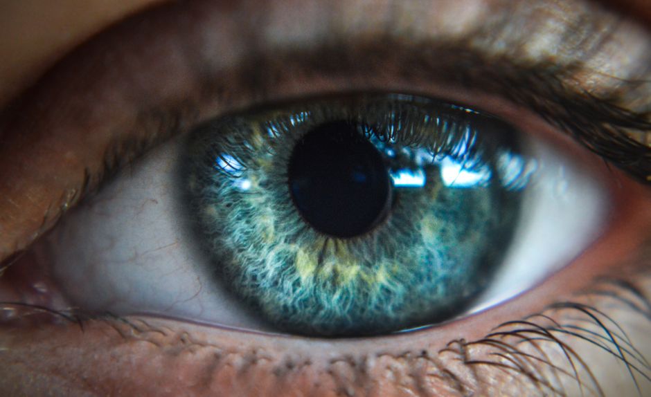 High-resolution close-up of a blue eye showcasing intricate iris patterns and eyelashes.