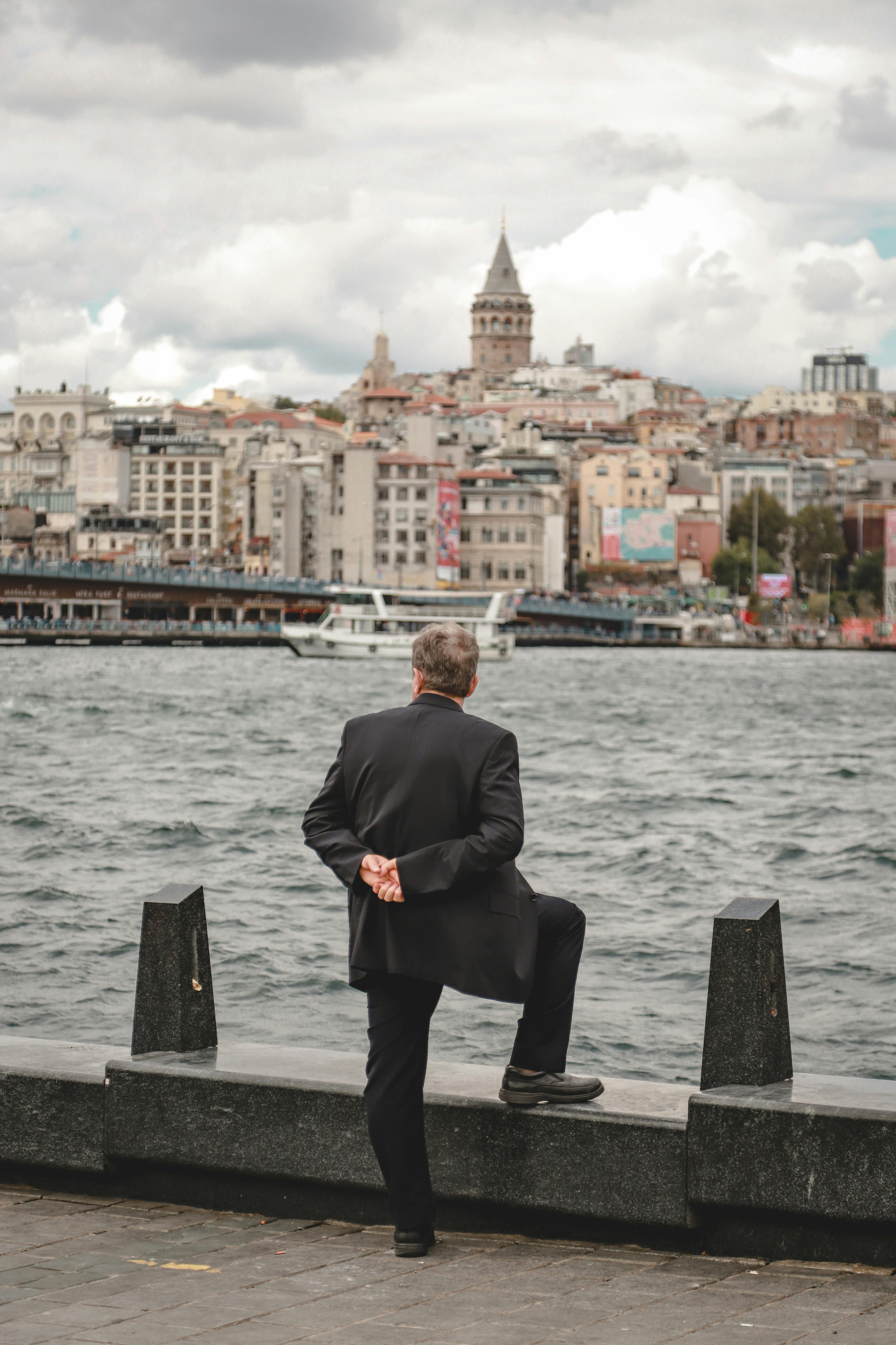 Guy Looks Skyscrapers Istanbul Boy Background Stock Photo