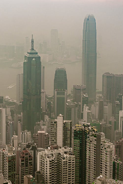 Aerial View of Skyscrapers in Hong Kong in Fog 