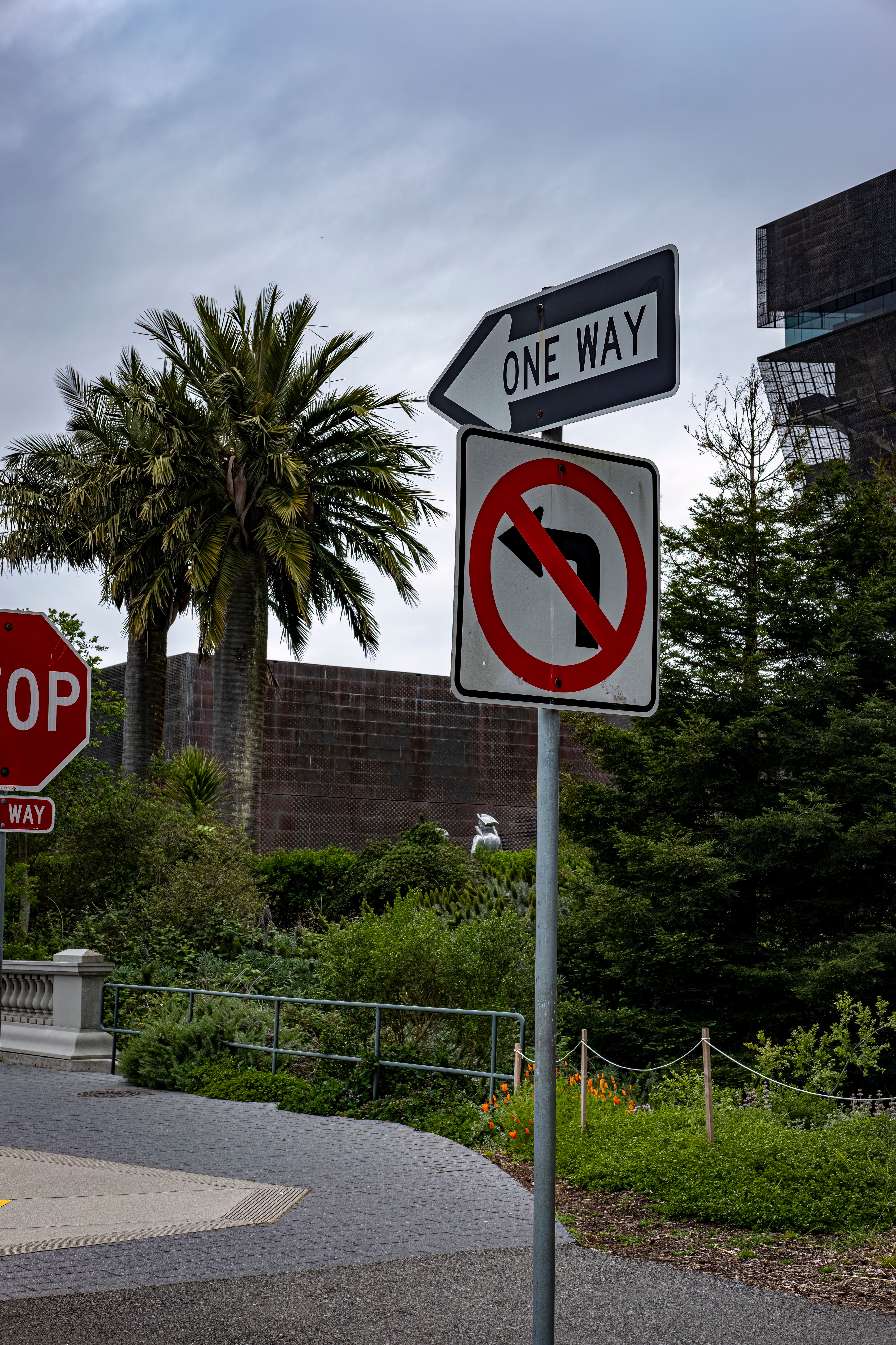 Street scene featuring One Way and No Left Turn road signs with lush greenery.