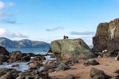 Free A picturesque coastal scene featuring a hiker and dog on a rocky beach with distant cliffs and a serene sea. Stock Photo