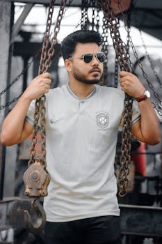 Stylish man with sunglasses and beard poses in an industrial setting, exuding confidence.