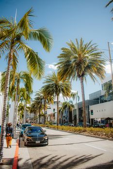 A sunny city street lined with palm trees and luxury cars in an upscale urban area.