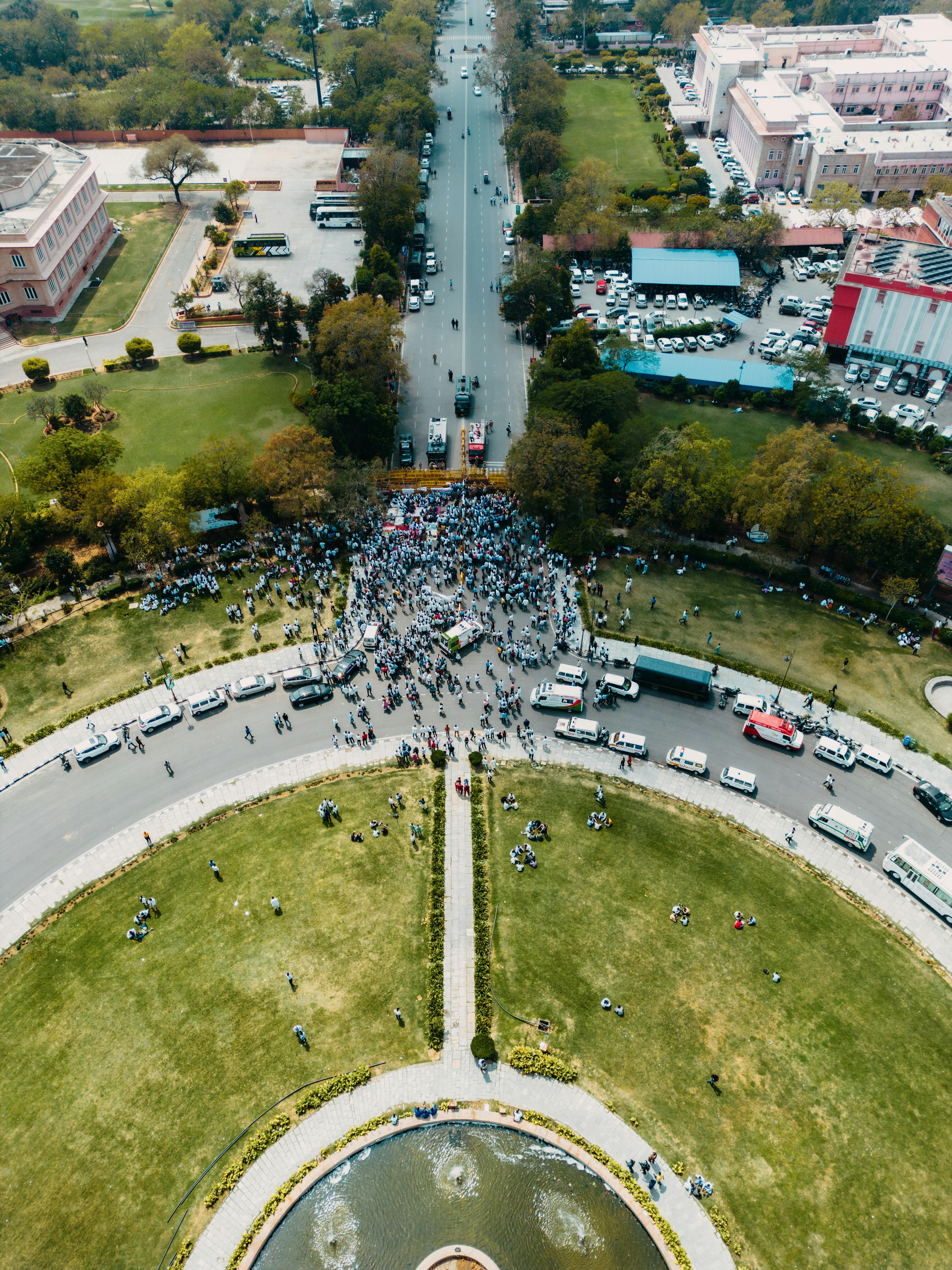 Aerial view of a large gathering at a city park in Jaipur, Rajasthan, India.