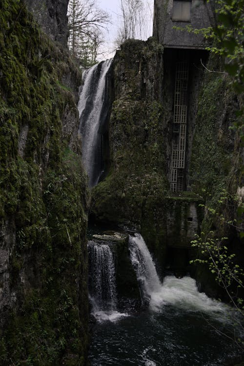 Waterfalls on Cliff Among Foliage