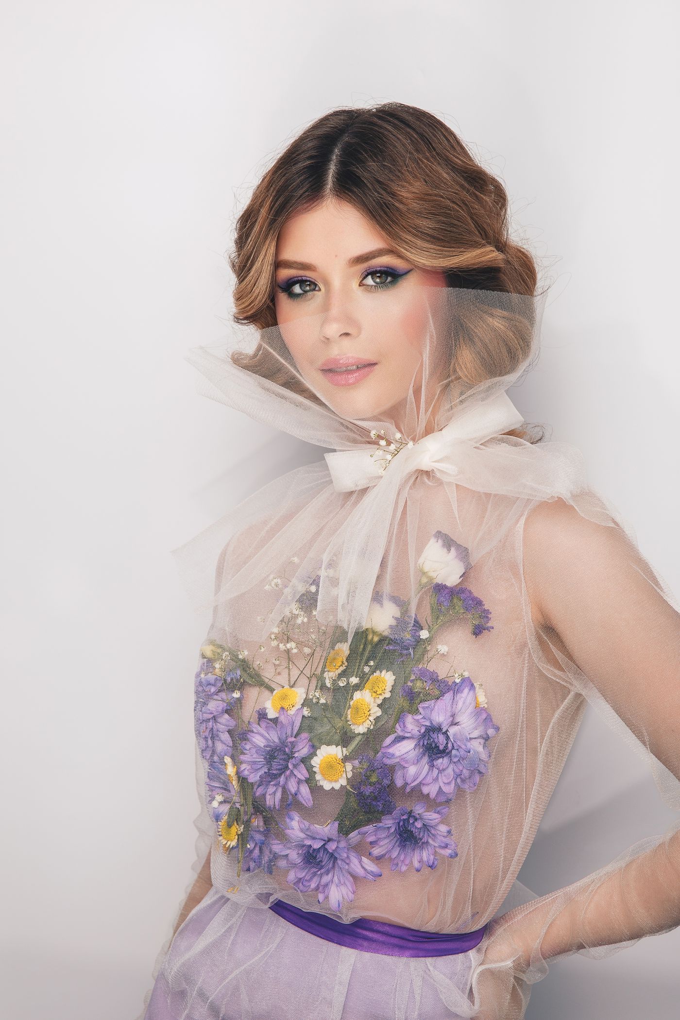 Bridal editorial look with tulle and flowers