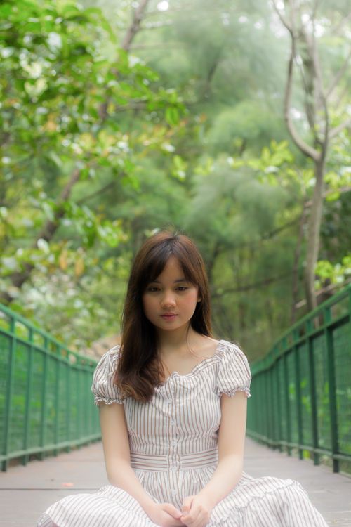 Free Asian woman sitting on a bridge in a lush forest setting, exuding serenity and elegance. Stock Photo
