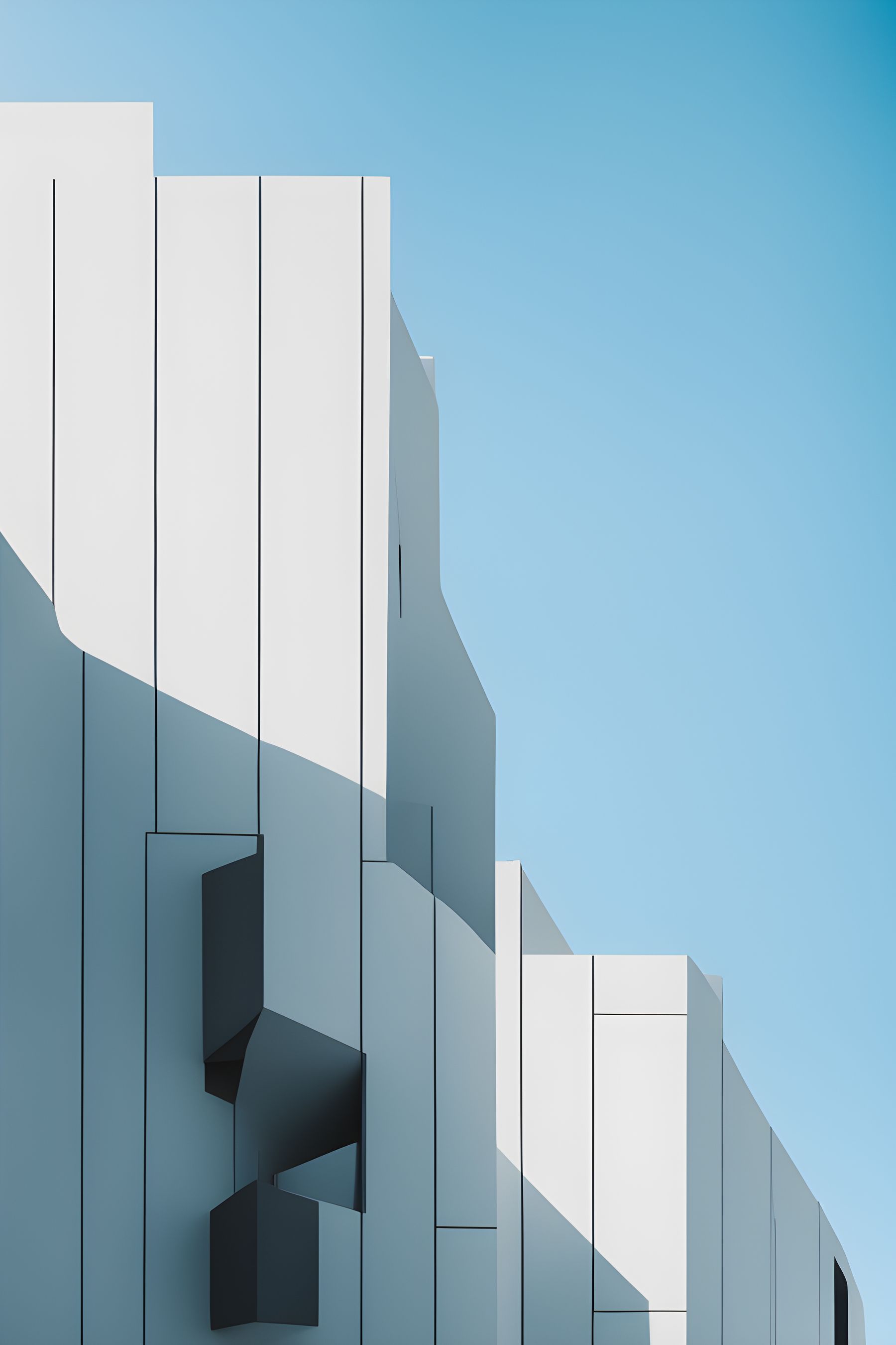 A clean white building facade against a bright blue sky