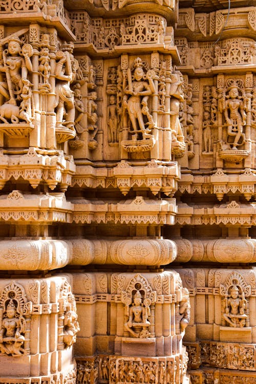 Close-up of Carved Statues on the Exterior of a Temple 