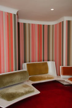 Vintage-inspired lounge with colorful striped walls and plush seating at TWA Hotel, NYC.