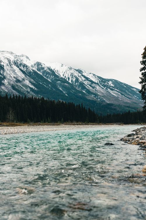 Free Serene river flows with snow-covered mountains and lush forest in Kootenay Bay, BC. Stock Photo