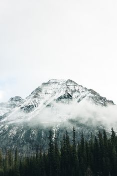 A breathtaking view of a snow-covered mountain peak surrounded by mist in Banff National Park.