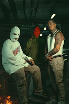 Three men in urban streetwear pose with balaclavas and tattoos.