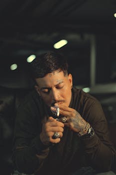 A portrait of a tattooed man lighting a cigarette at night, conveying a moody urban vibe.