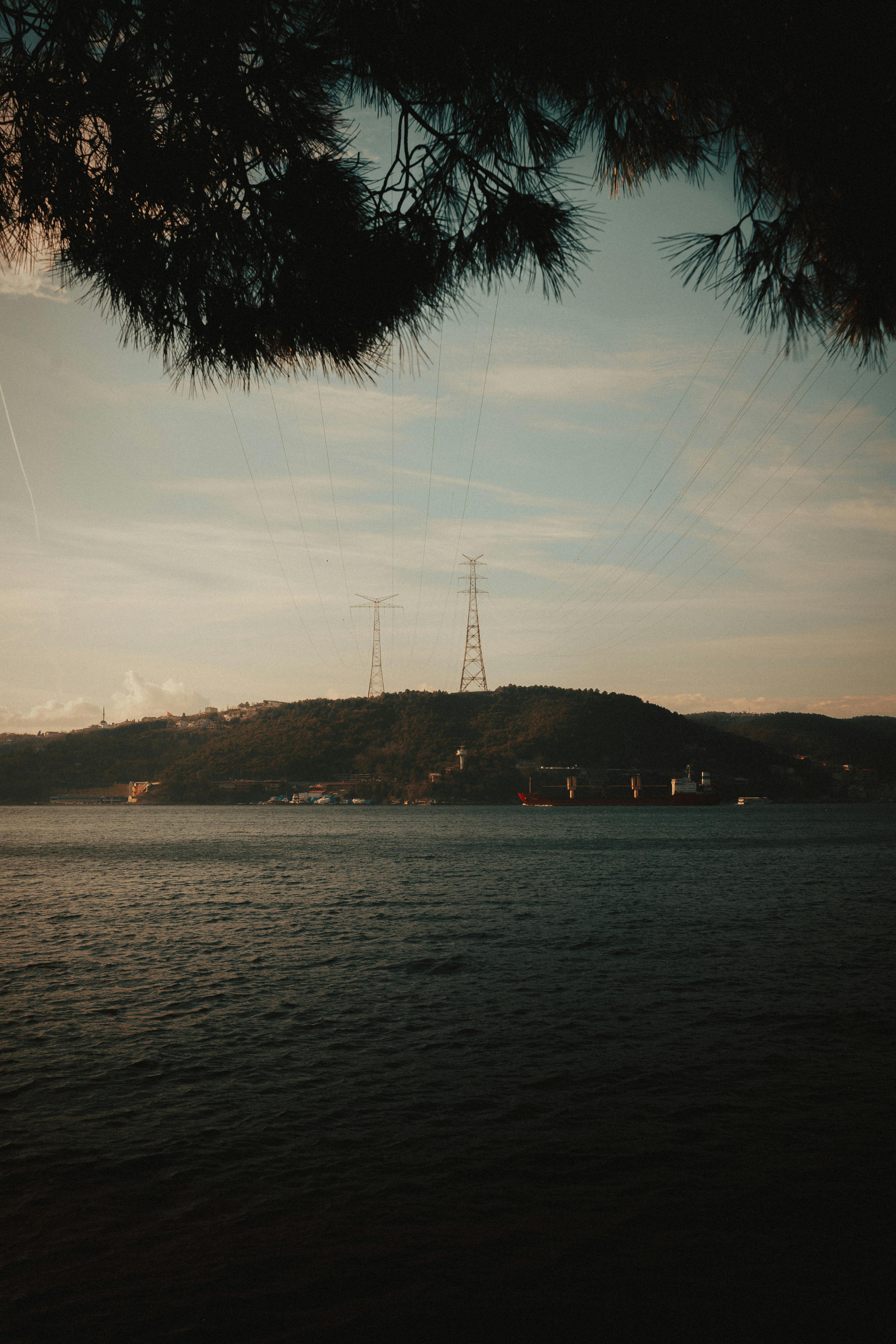 Tranquil scene of a coastal landscape with cargo ships and hills at sunset.