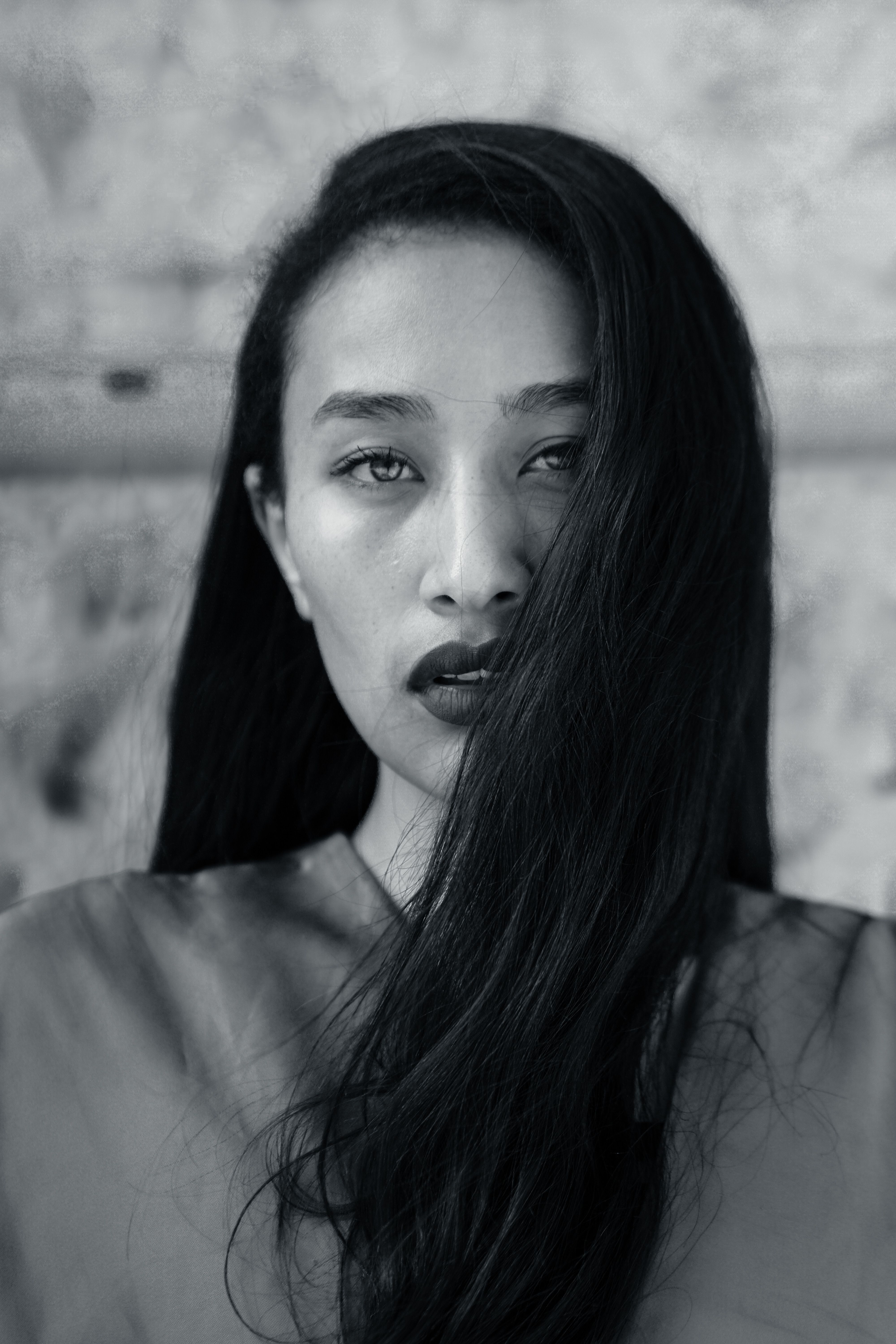 black and white portrait of a brunette