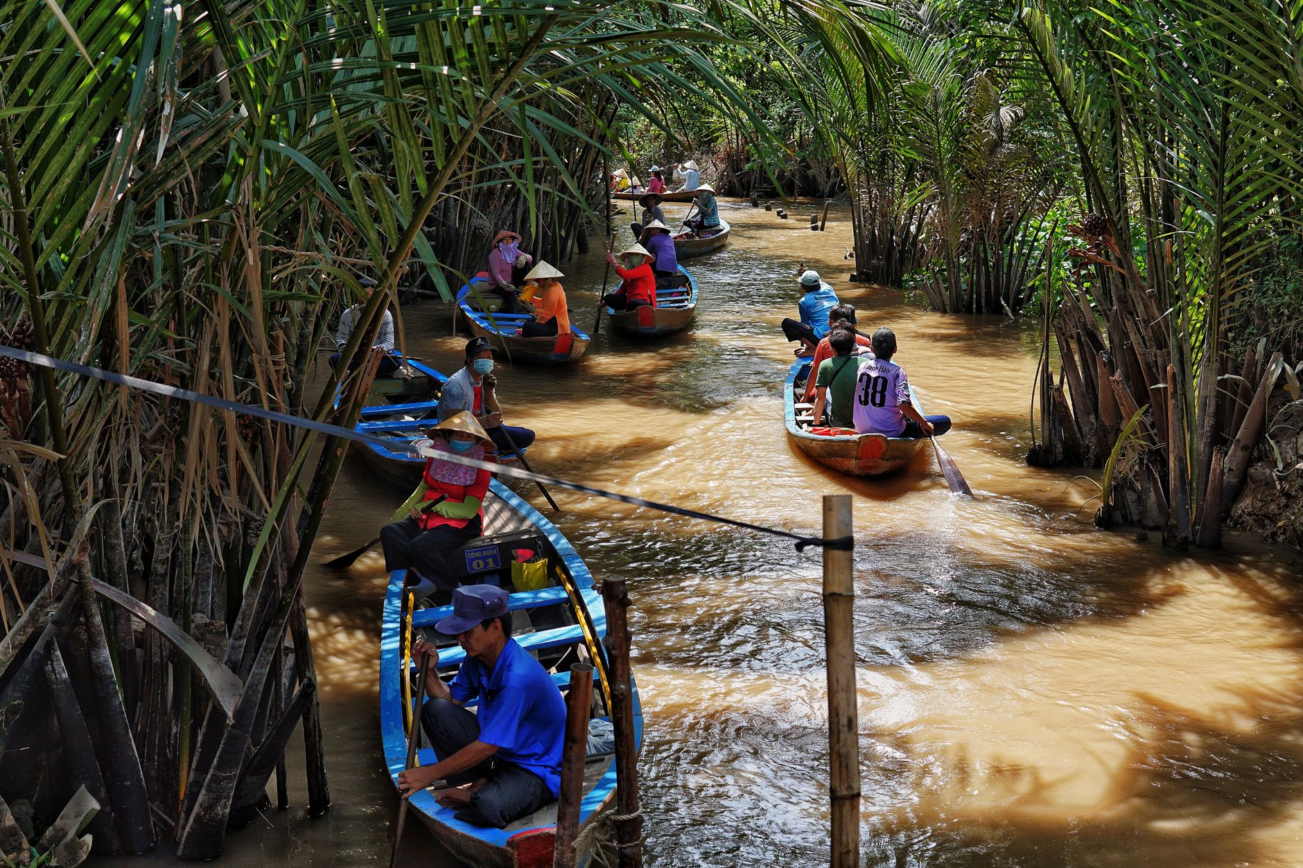 Touristen paddeln durch einen üppigen tropischen Fluss, umgeben von leuchtenden Palmwedeln.