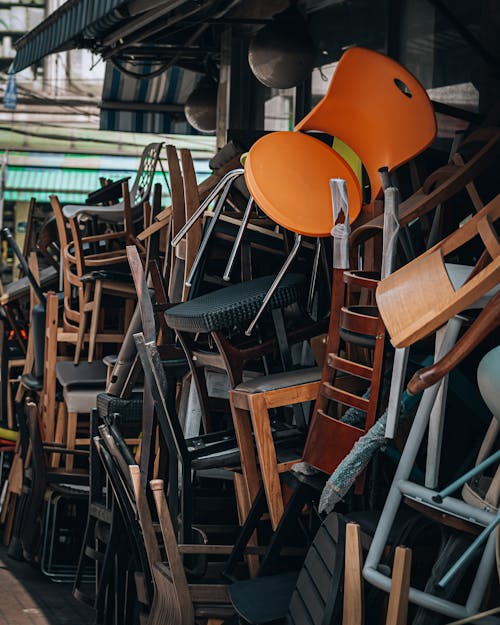 Stacks of Chairs on Street in Seoul, South Korea