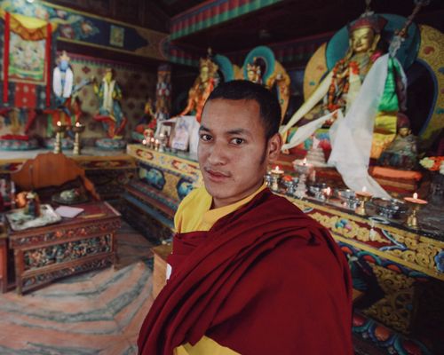Free A young monk in traditional robes stands in an ornate Buddhist monastery with colorful statues and decor. Stock Photo