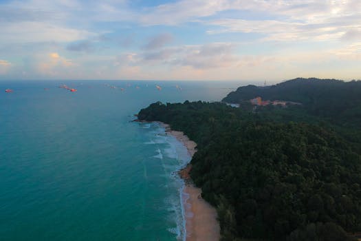 Aerial view of a picturesque tropical coastline with lush greenery and clear blue waters.